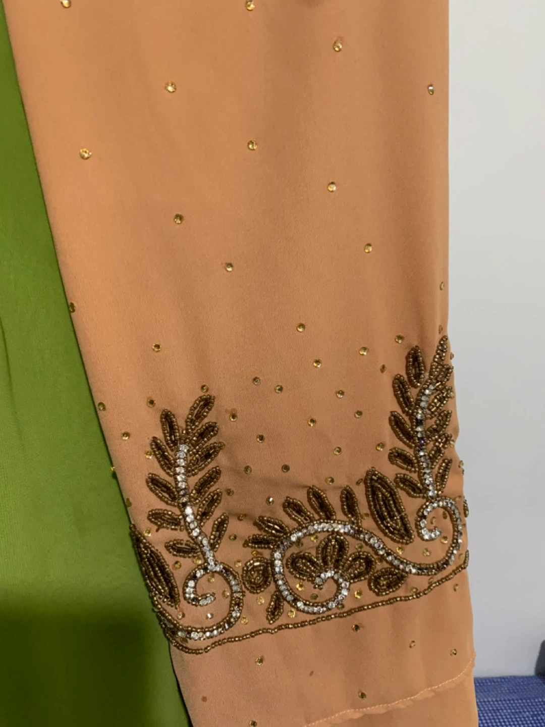 Chiffon Scarf - Light Green and Peach with Embellishment - photo 4
