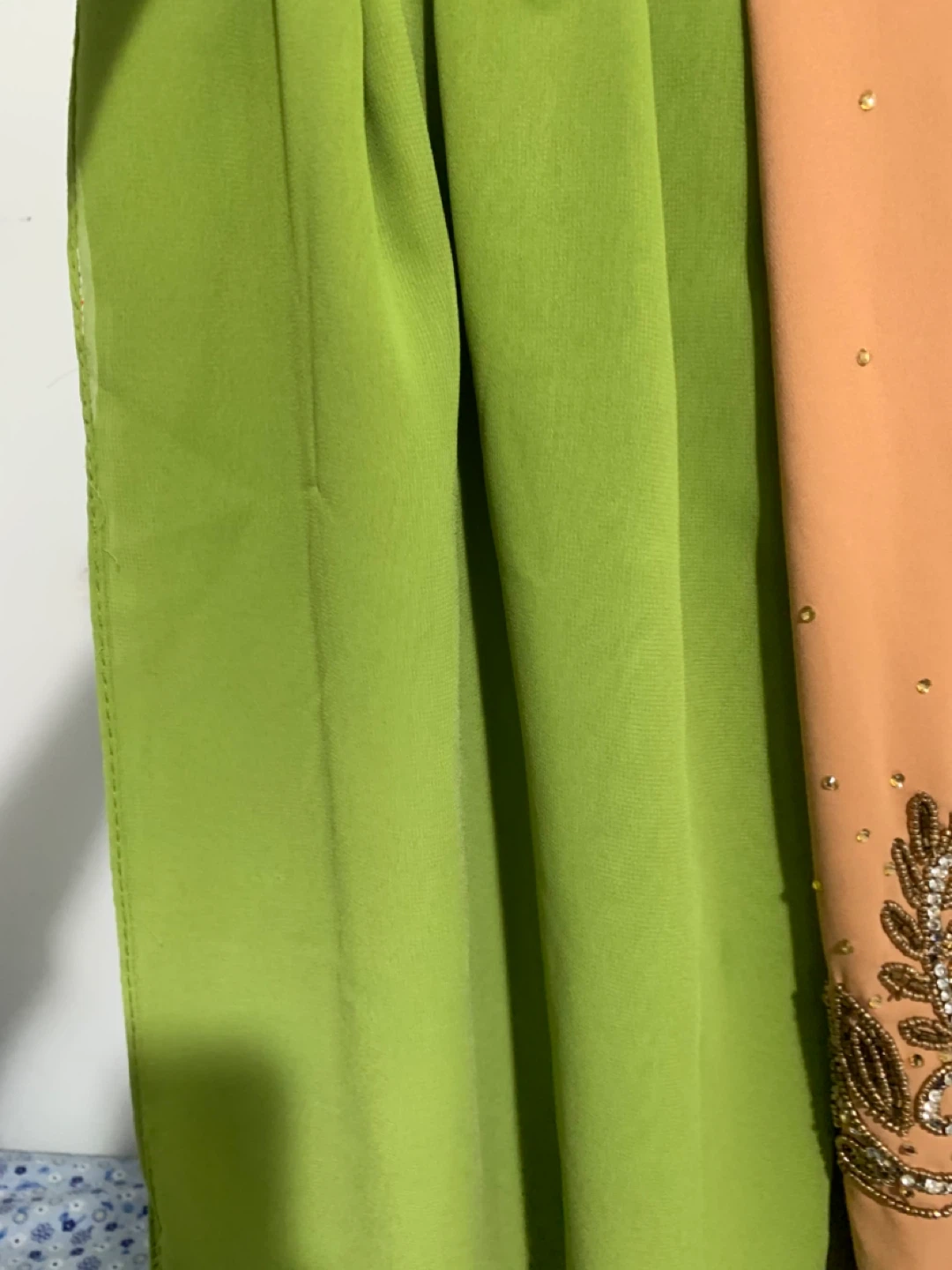 Chiffon Scarf - Light Green and Peach with Embellishment - photo 2