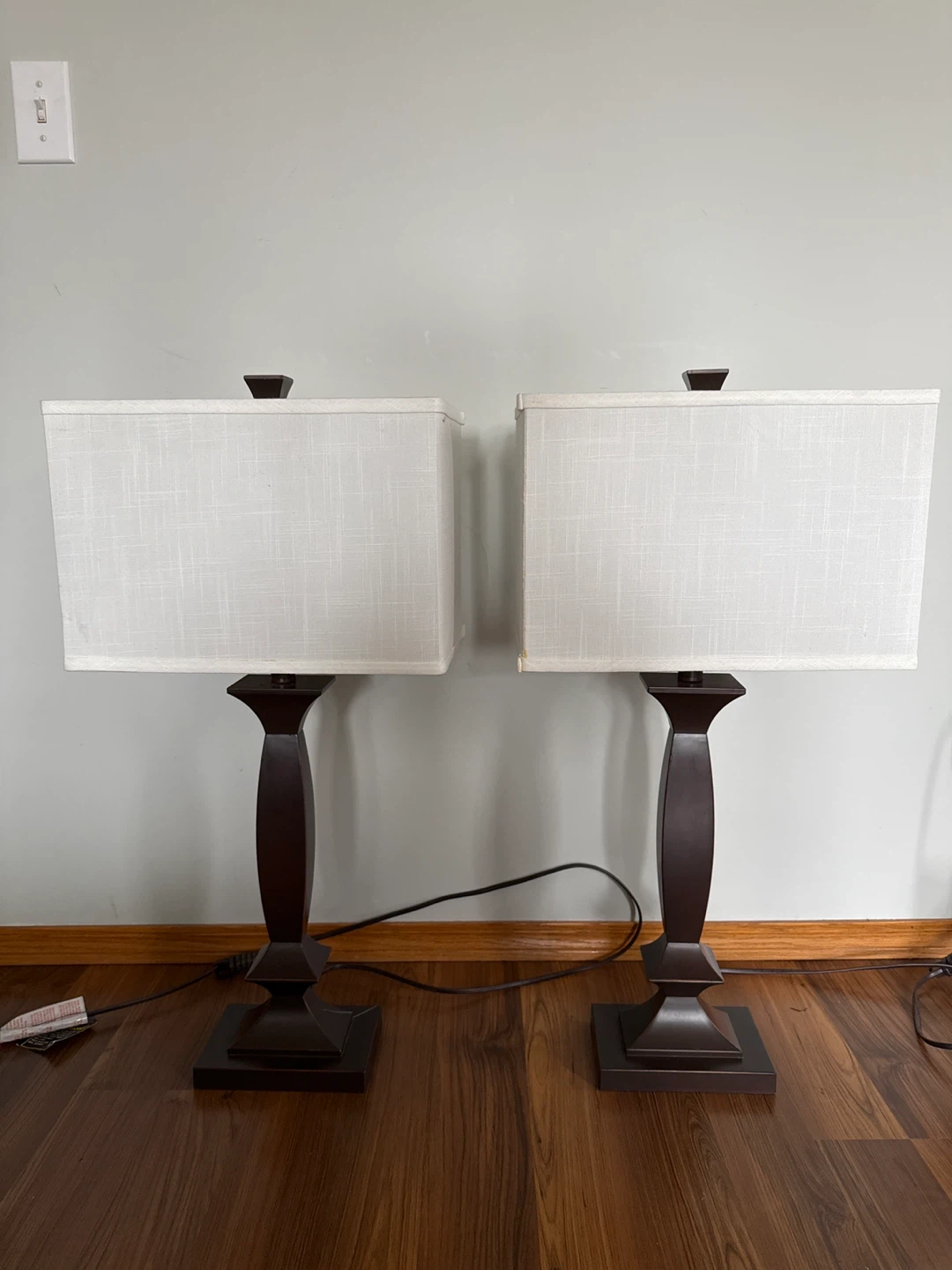 Pair of Dark Brown Table Lamps with White Rectangular Shades