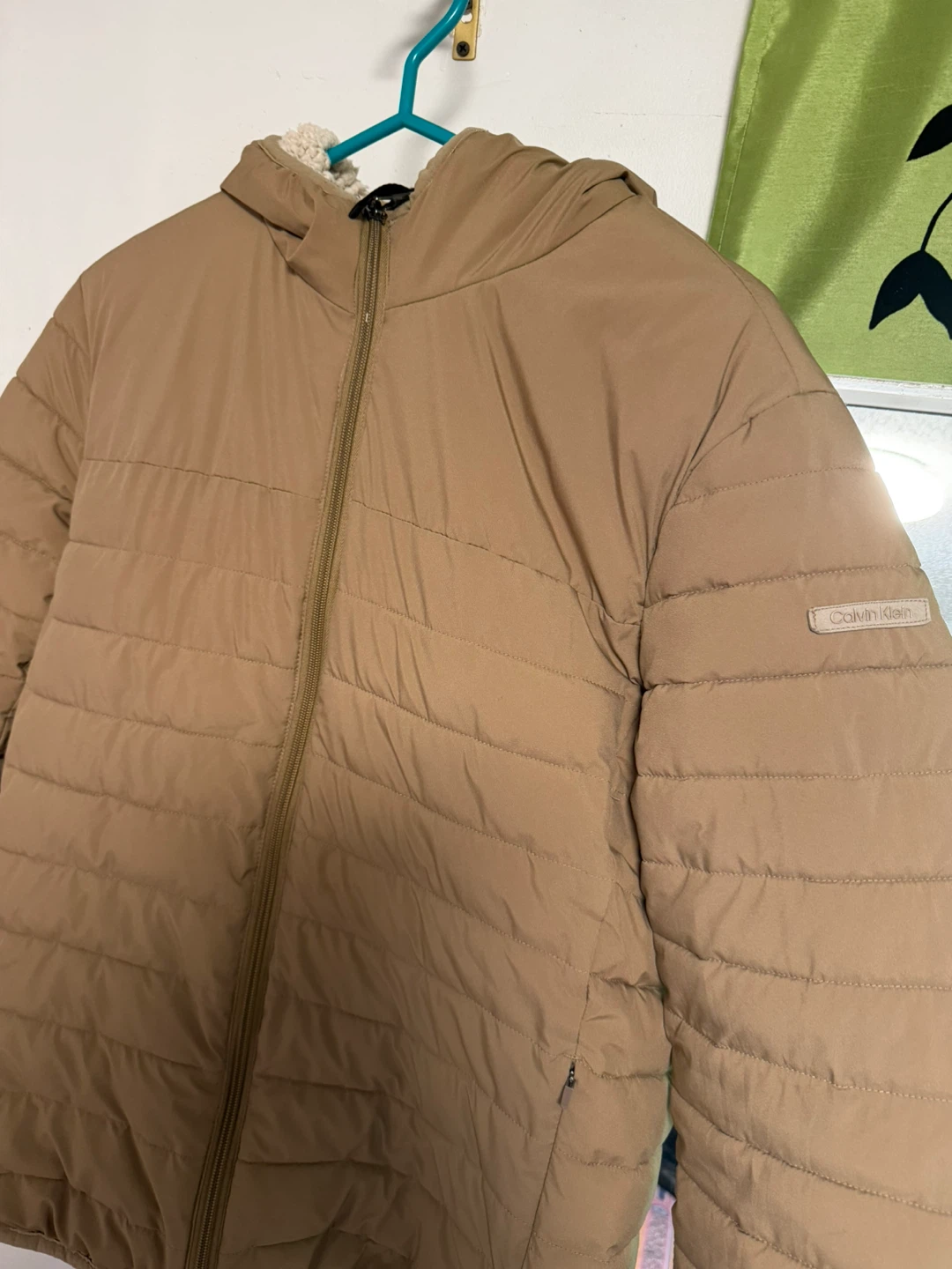 Calvin Klein Puffer Jacket with Sherpa Lined Hood - Tan