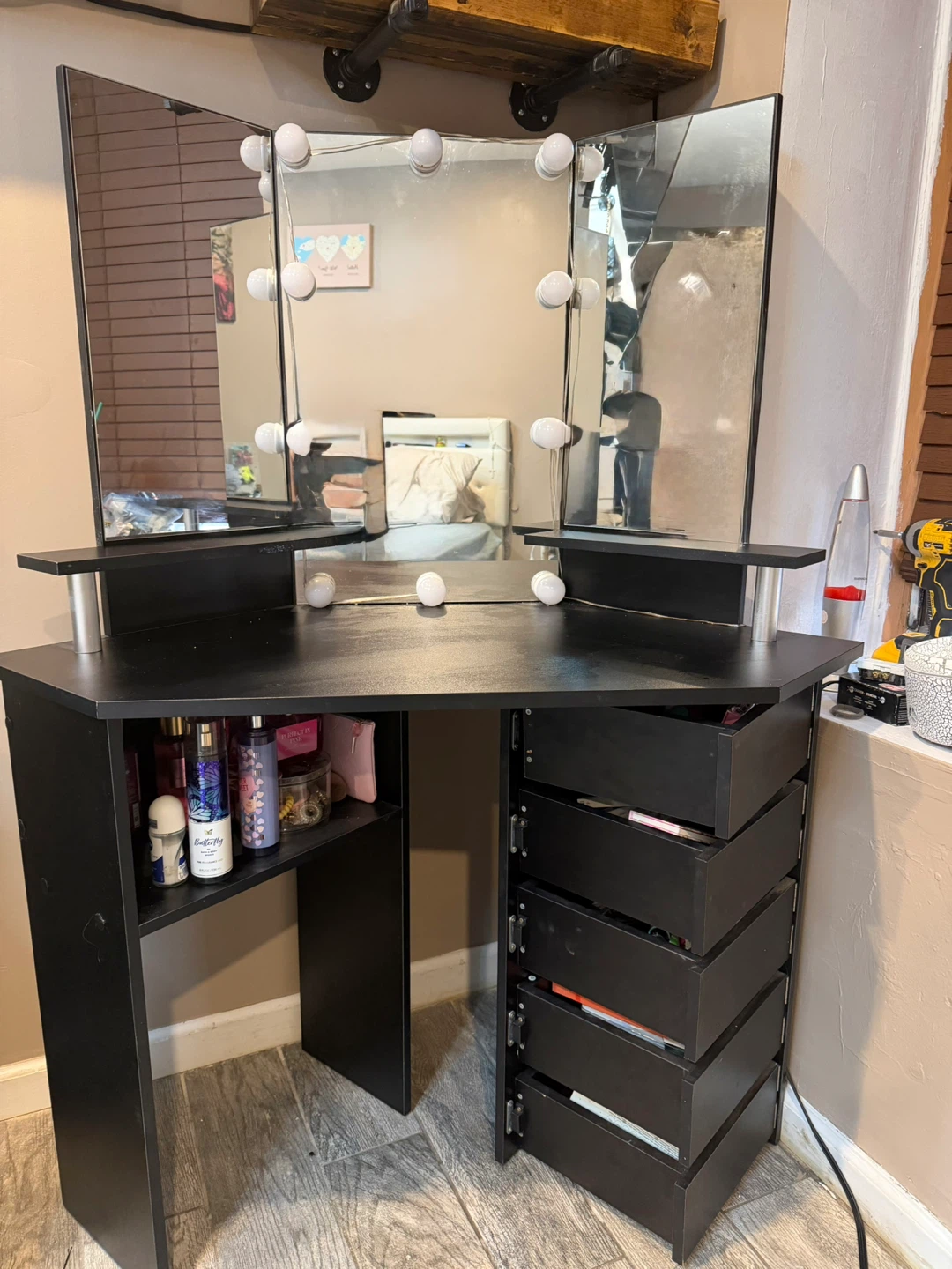 Black Vanity Desk with Lights and Mirror