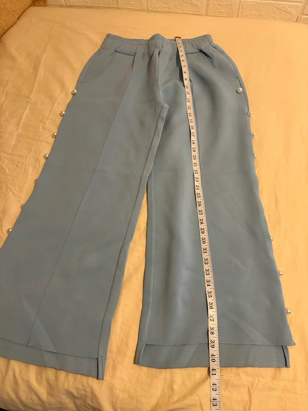 Light Blue Wide Leg Pants with Pearl Details - photo 5