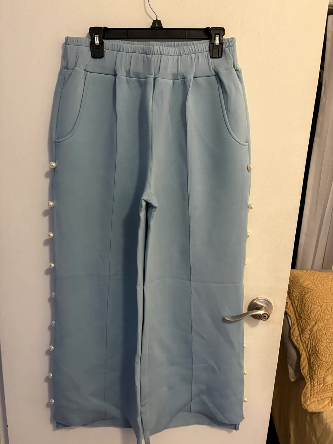 Light Blue Wide Leg Pants with Pearl Details