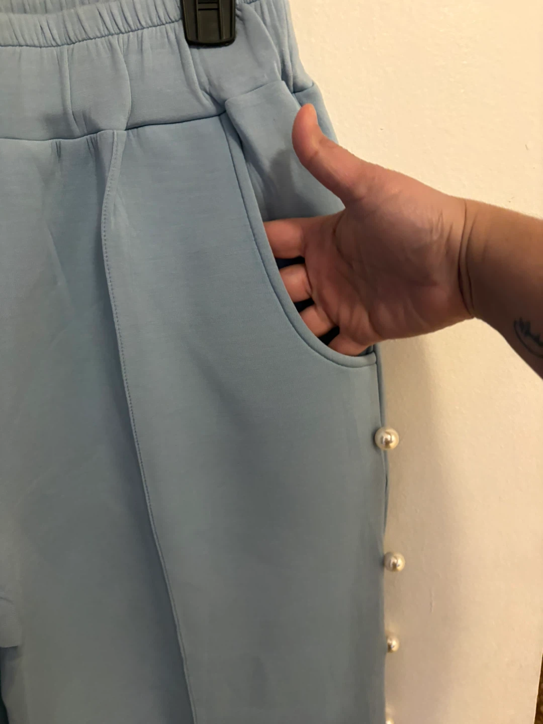 Light Blue Wide Leg Pants with Pearl Details - photo 2