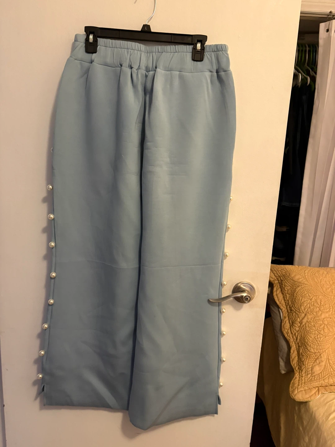 Light Blue Wide Leg Pants with Pearl Details - photo 4