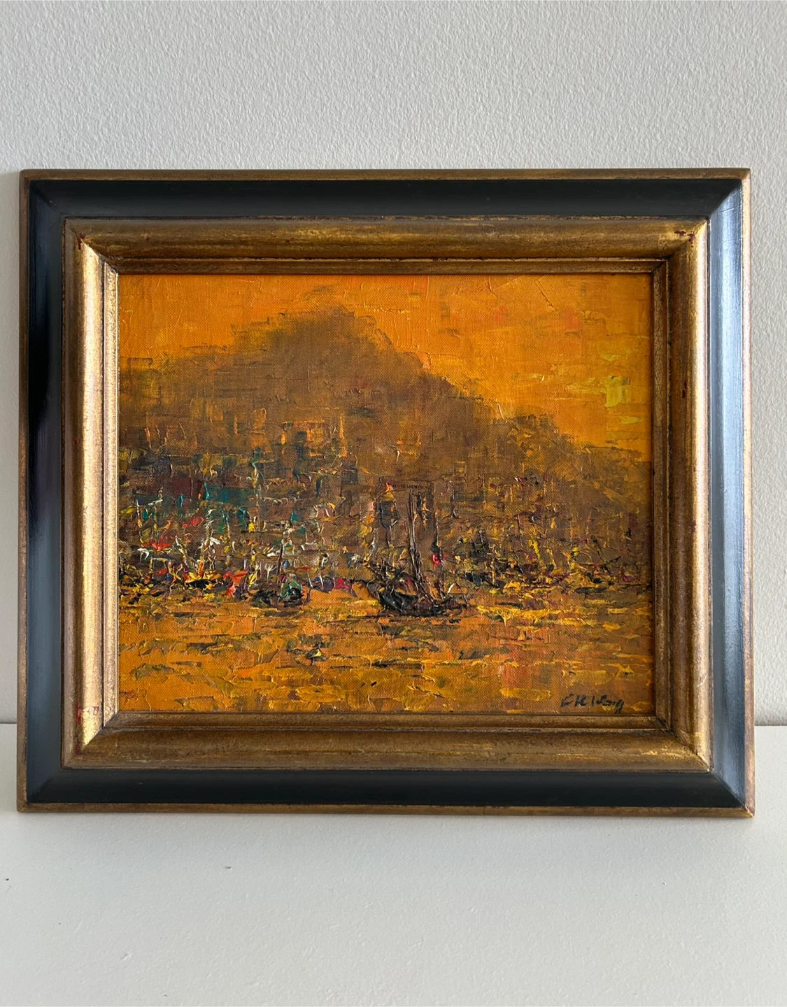 Framed Oil Painting of a Harbor Scene