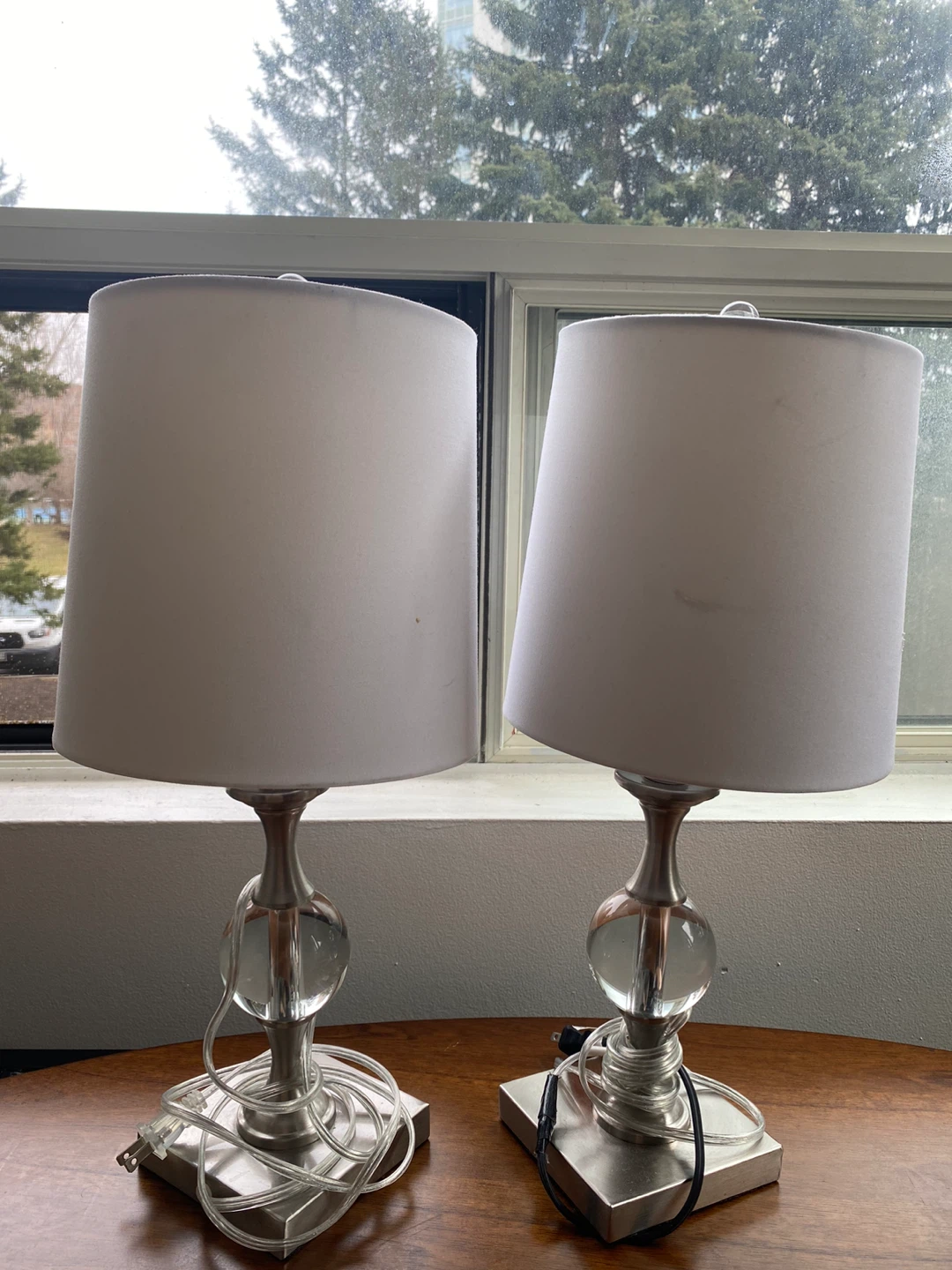 Pair of Table Lamps with Silver Base and Clear Orb Accent