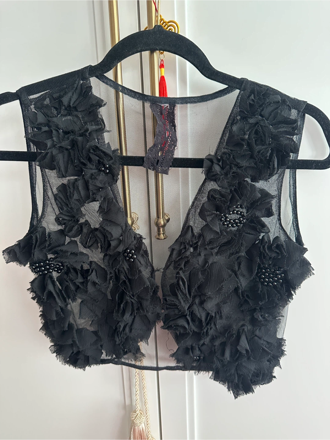 Vintage Black Mesh Floral Embellished Vest