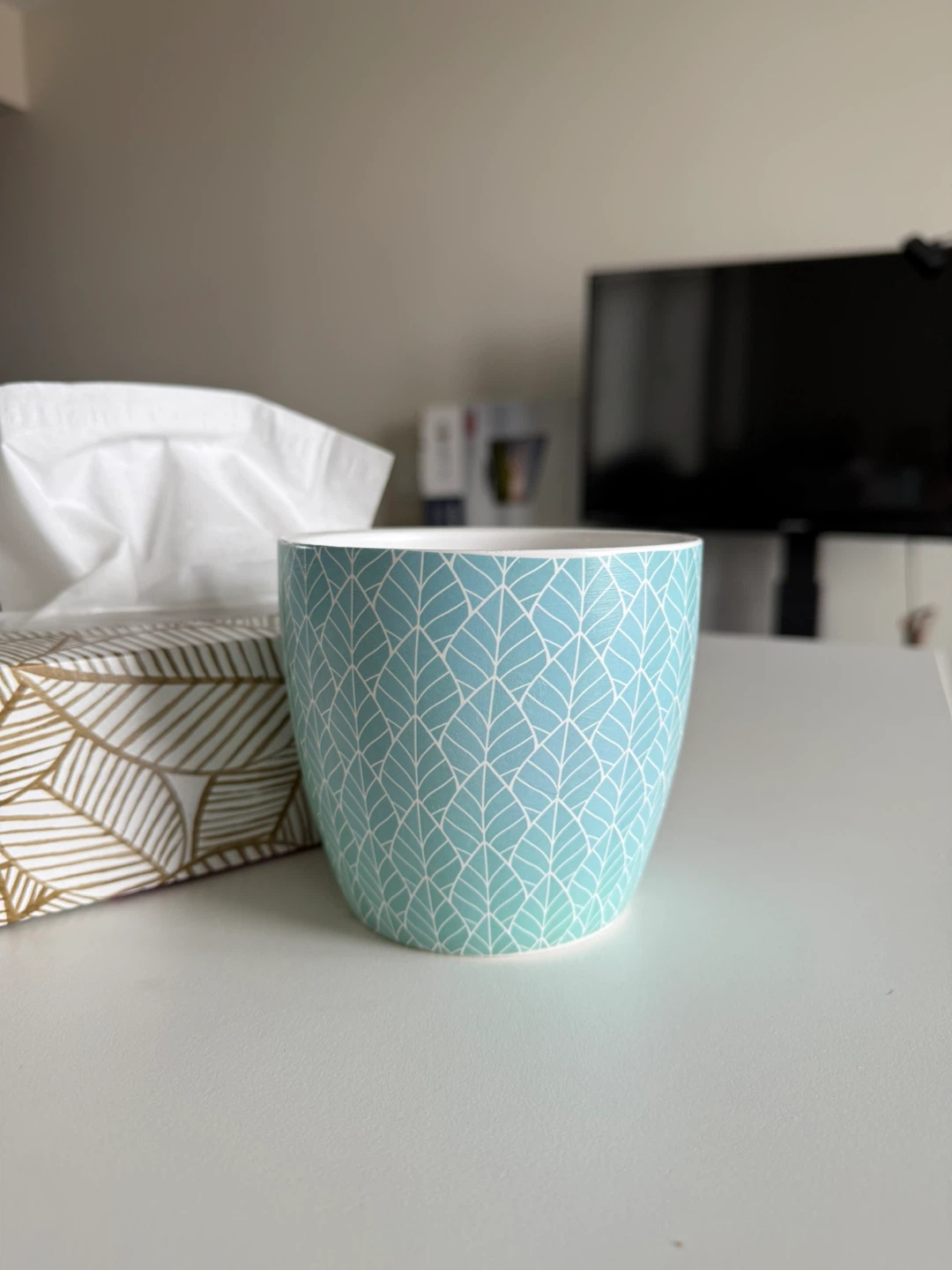 Like New🪴 Decorative Teal and White Leaf Pattern Pot
