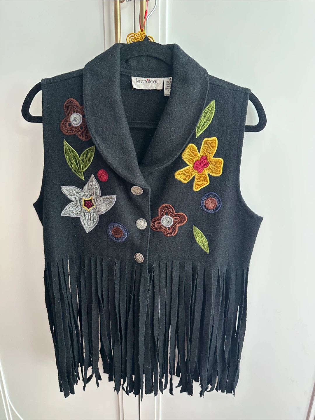 Vintage Le Château Black Embroidered Fringe Vest S/M
