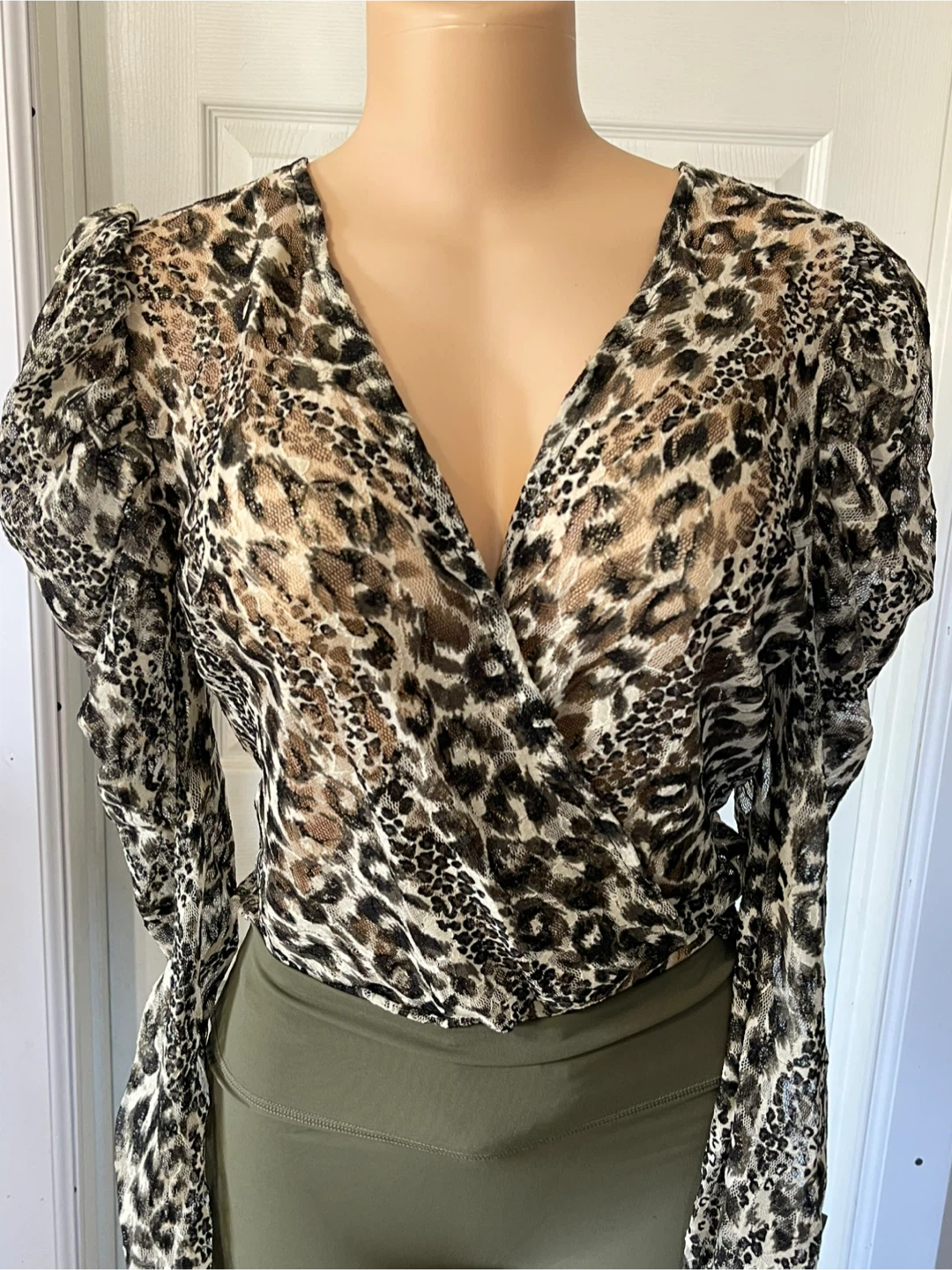 Sheer Mesh Ruched Floral and Leopard Print Tops