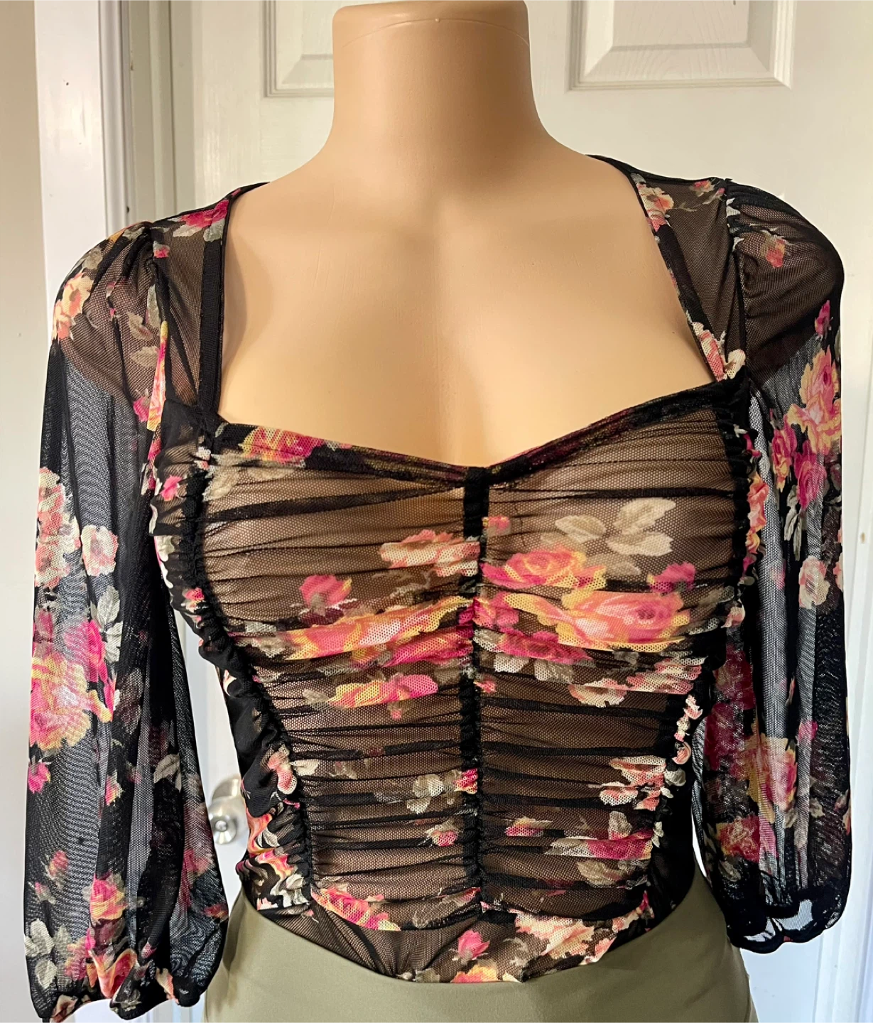 Sheer Mesh Ruched Floral and Leopard Print Tops - photo 2