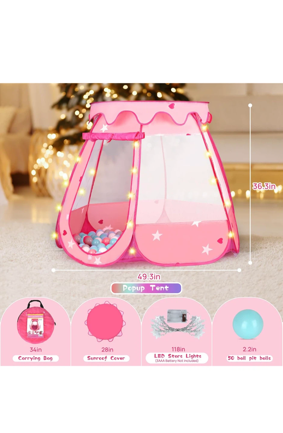 Pink Pop-Up Play Tent with LED Star Lights & 50 Balls - photo 2