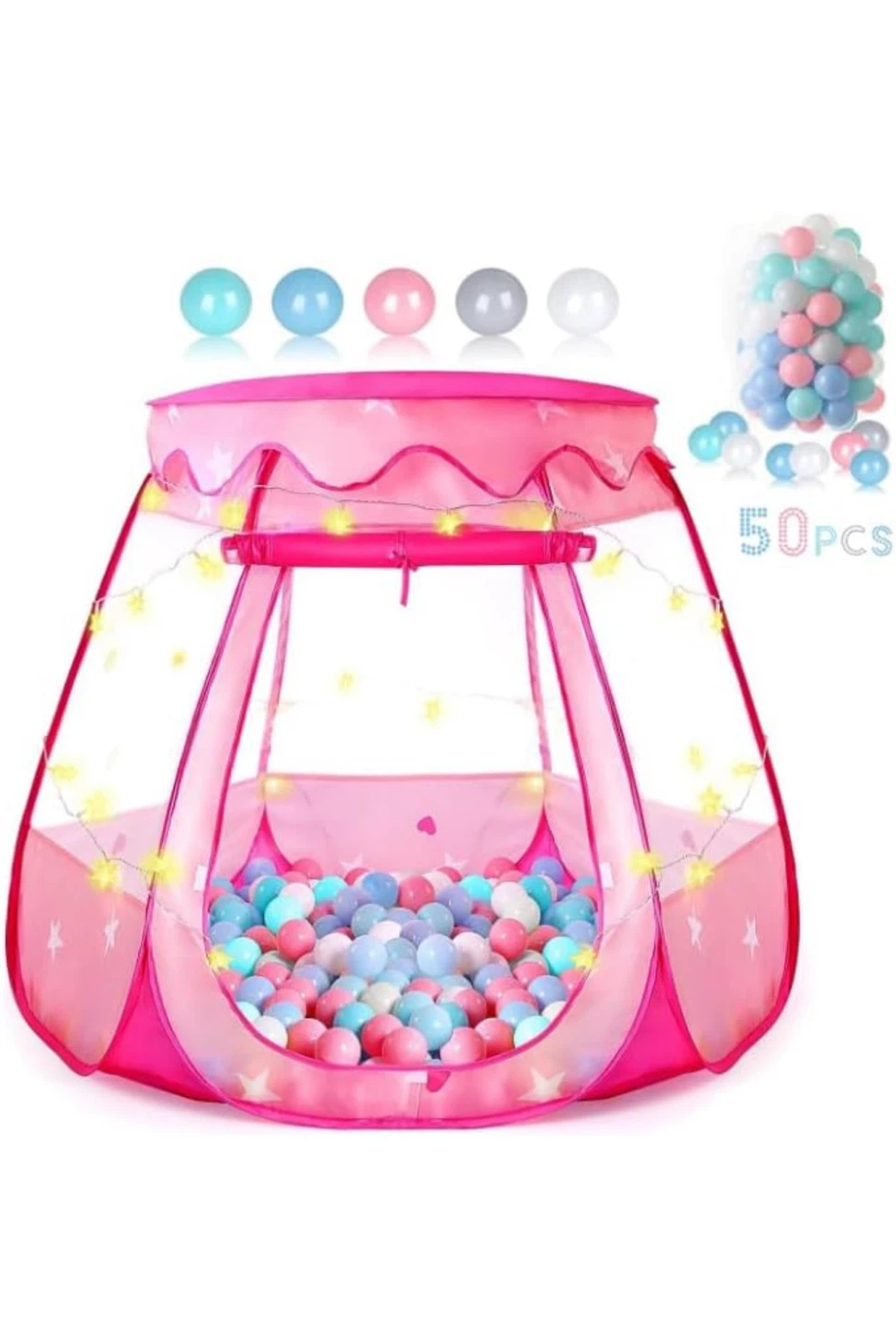Pink Pop-Up Play Tent with LED Star Lights & 50 Balls