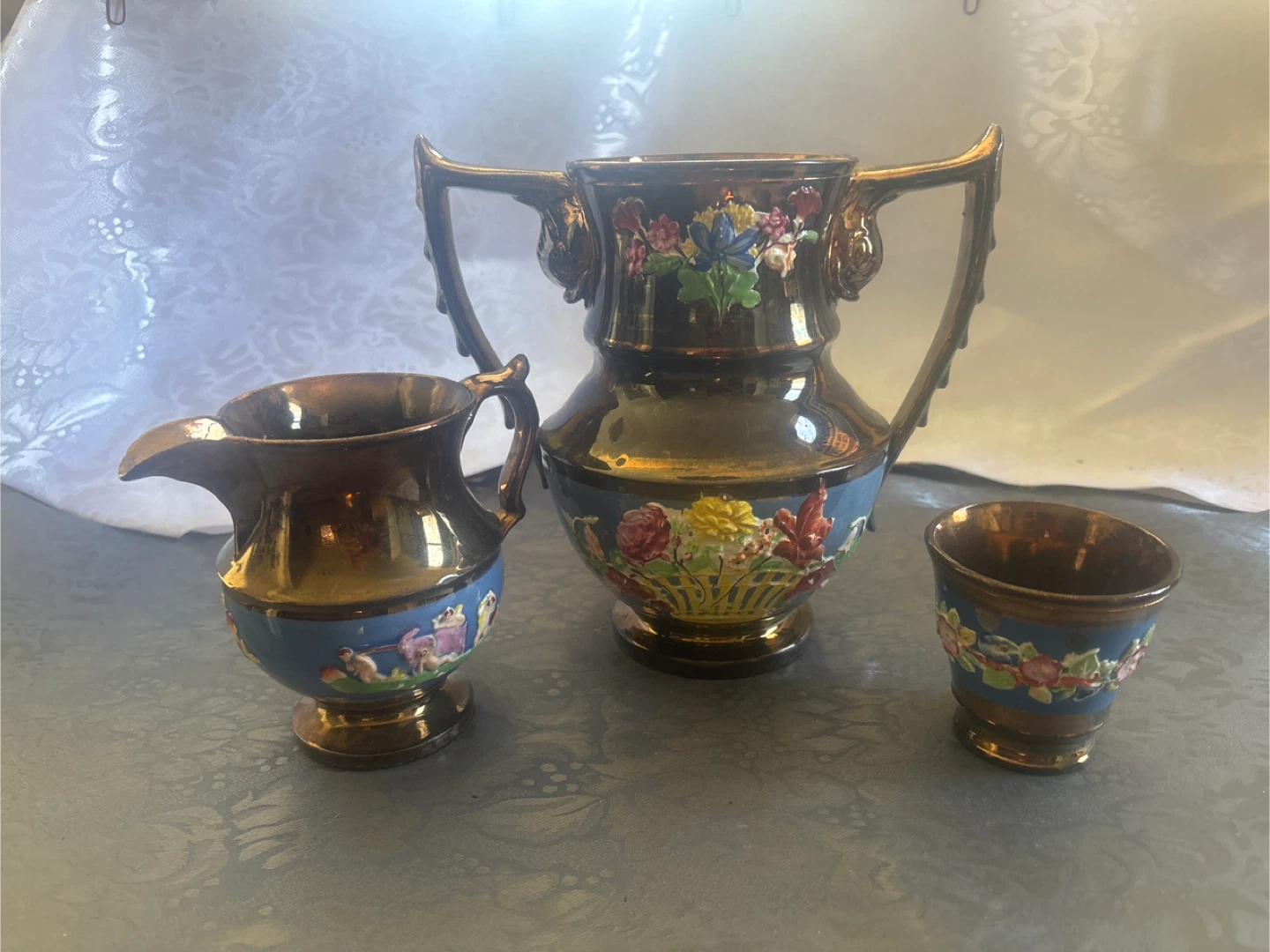 Antique 3-Piece Ceramic Creamer, Sugar Bowl, and Vase Set - photo 3