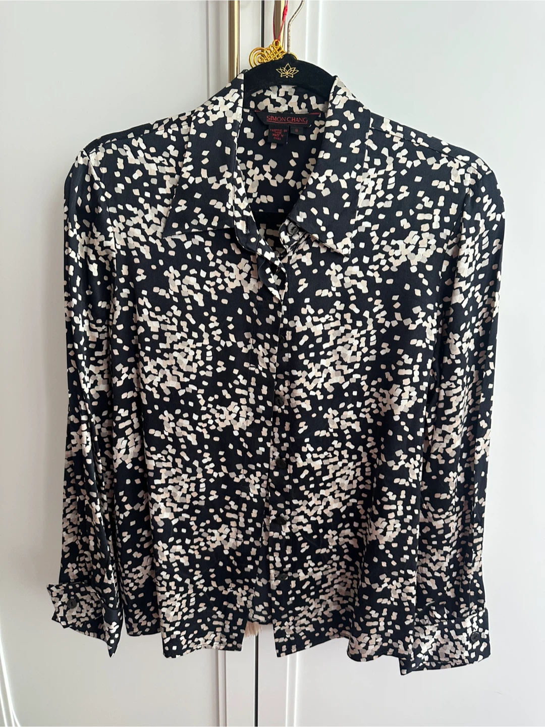 Simon Chang Silk Blouse - size 8, Black/Cream Print