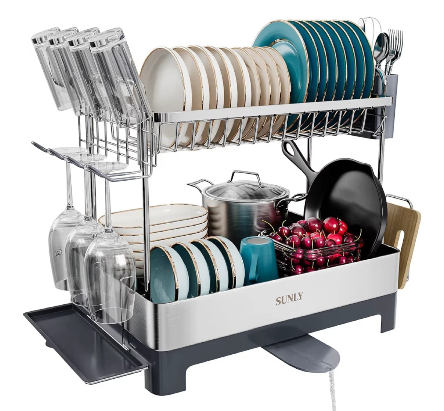 SUNLY 2-Tier Dish Rack with Auto-Drainage System