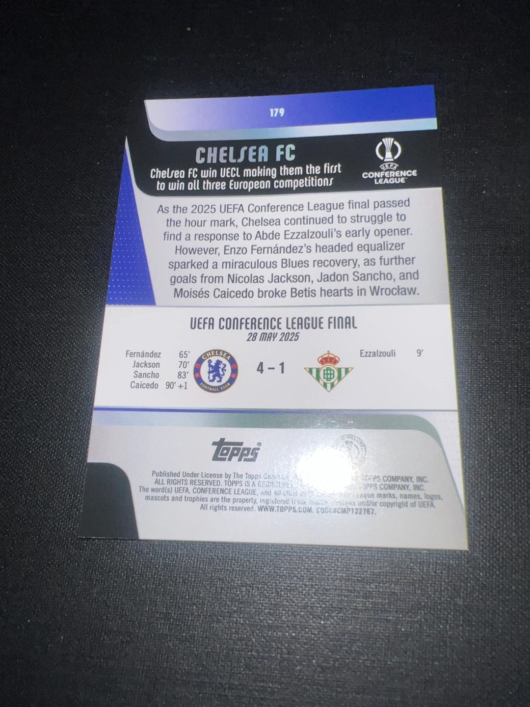 Chelsea FC UEFA Conference League Final 2025 Topps Trading Card - photo 2