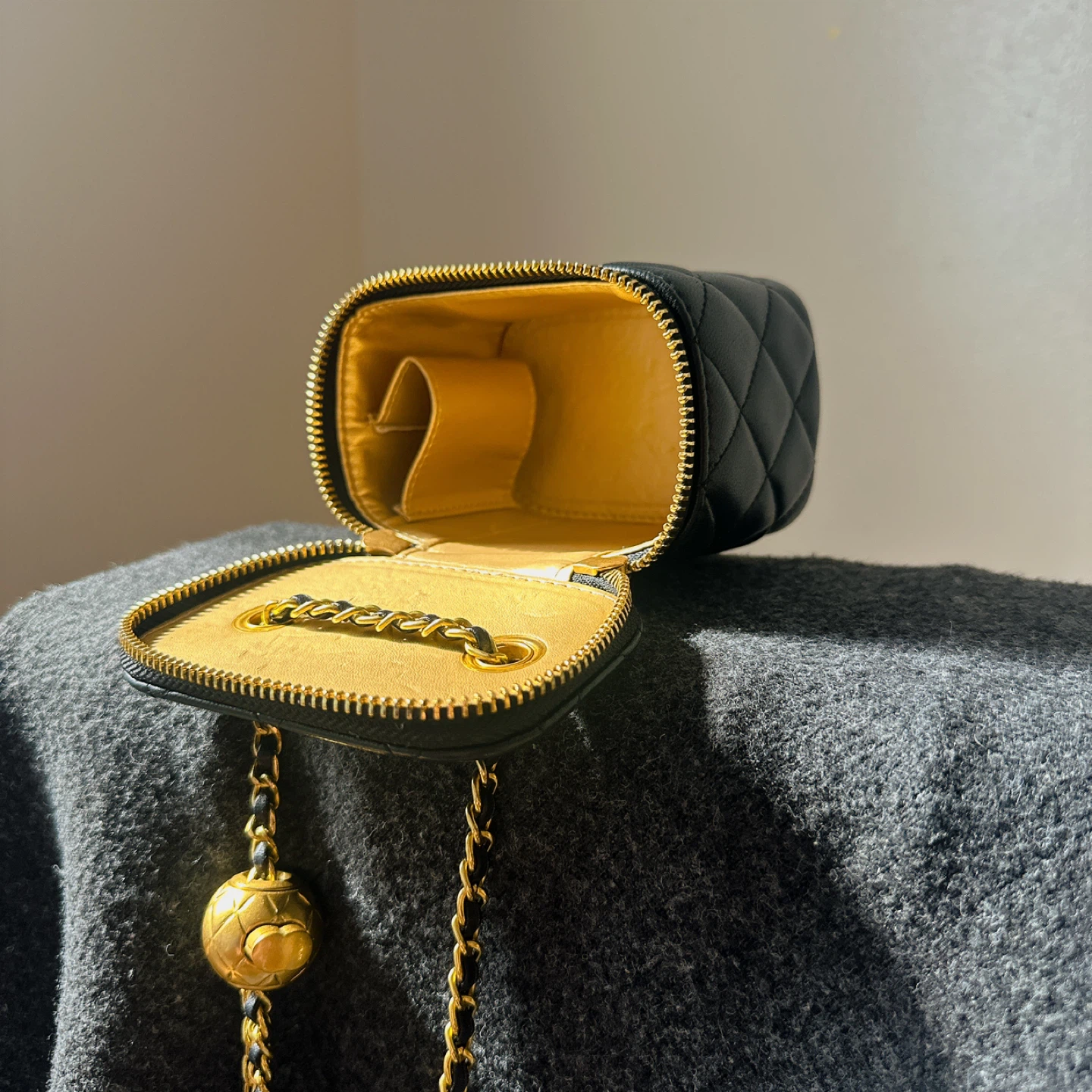 Black Quilted Vanity Bag with Gold Chain- Cowhide - photo 3