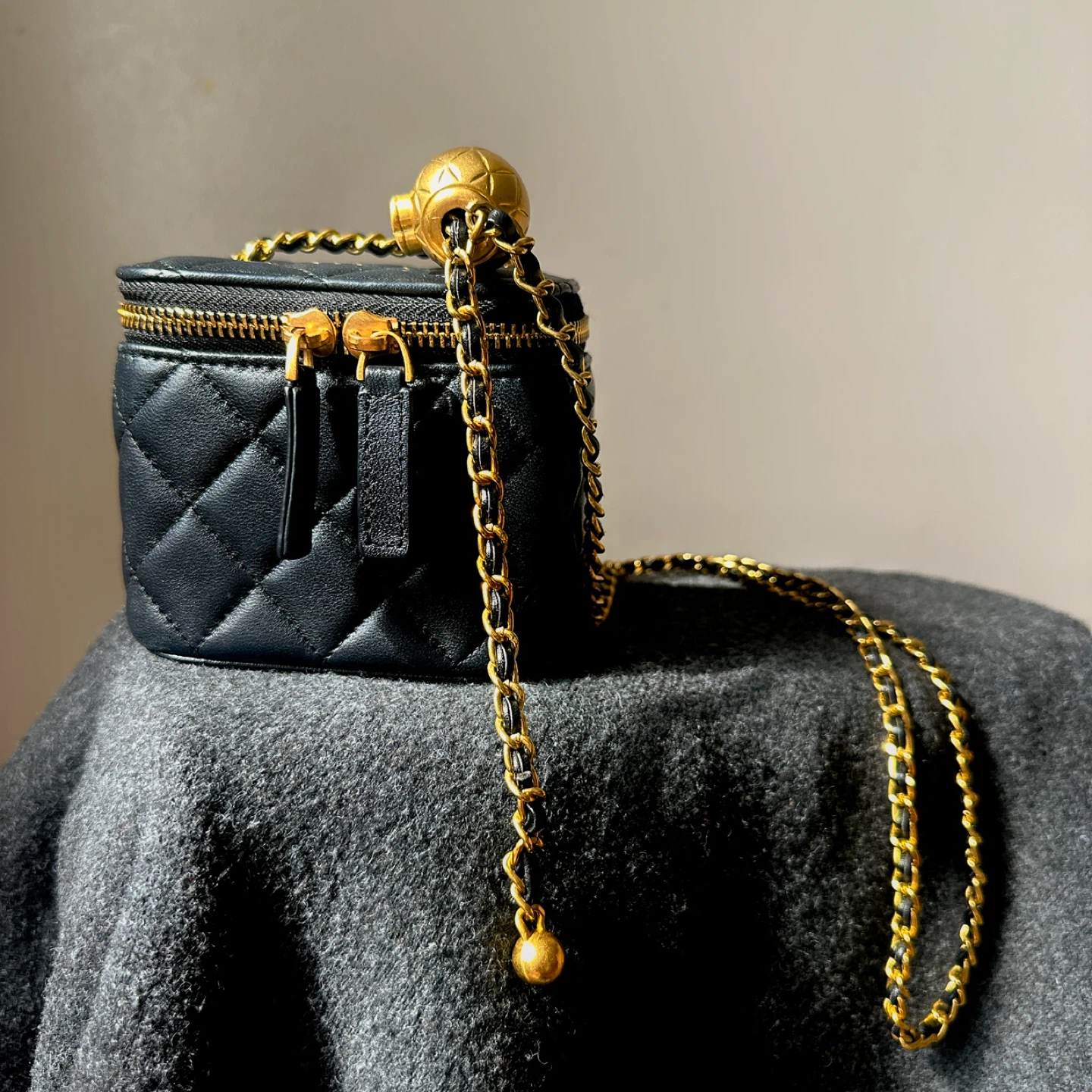 Black Quilted Vanity Bag with Gold Chain- Cowhide