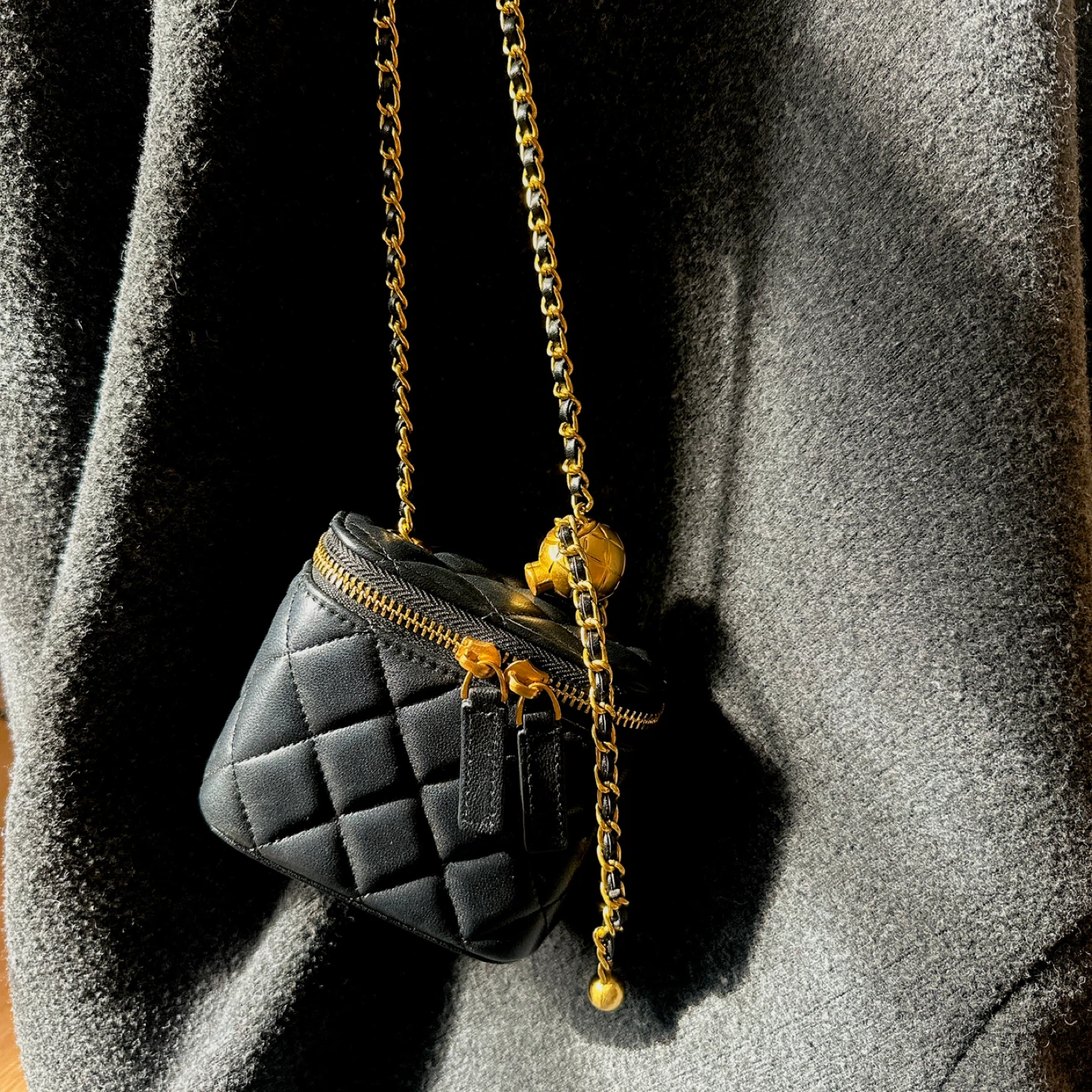Black Quilted Vanity Bag with Gold Chain- Cowhide - photo 2