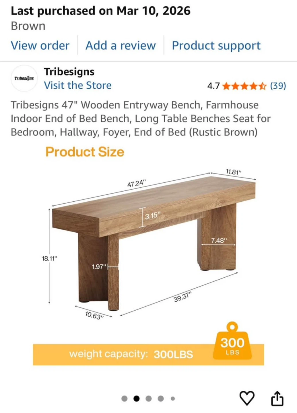 Tribesigns 47" Wooden Entryway Bench - Rustic Brown - photo 3