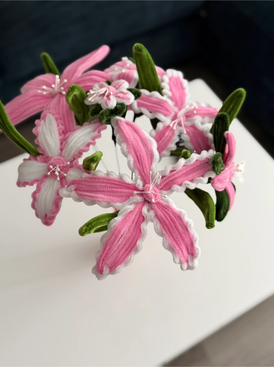 Pink and White Handmade Chenille Flowers