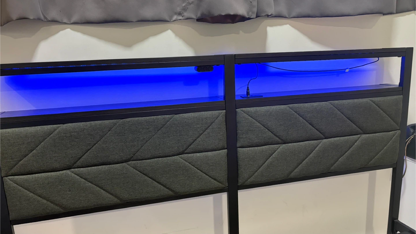 Black Metal Bed Frame with Upholstered Headboard and LED Lights - photo 3