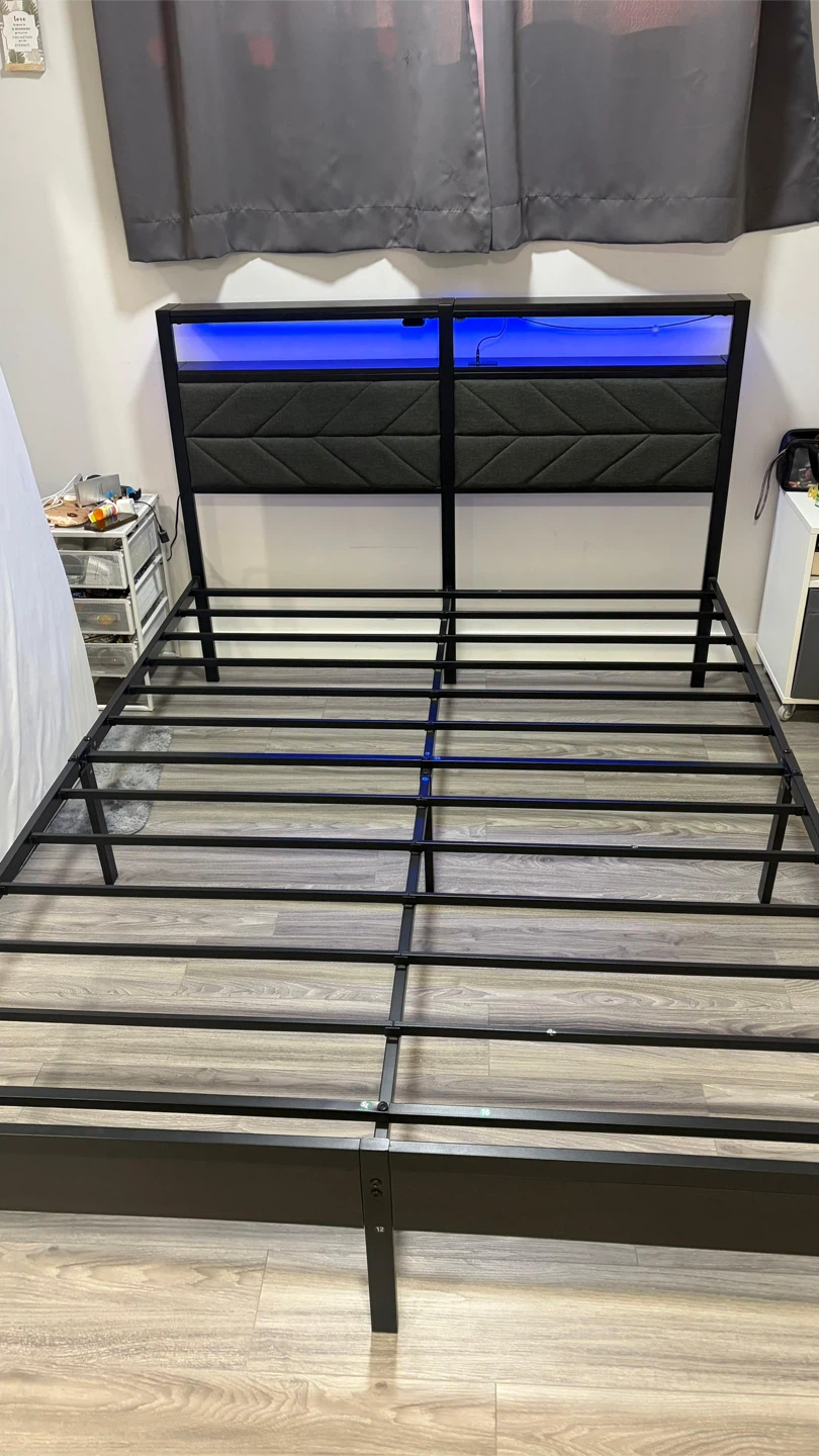 Black Metal Bed Frame with Upholstered Headboard and LED Lights