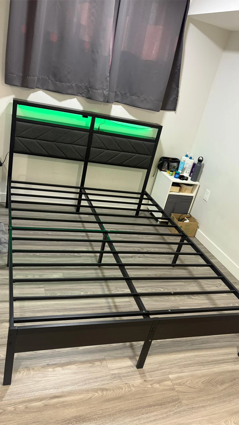 Black Metal Bed Frame with Upholstered Headboard and LED Lights - photo 4