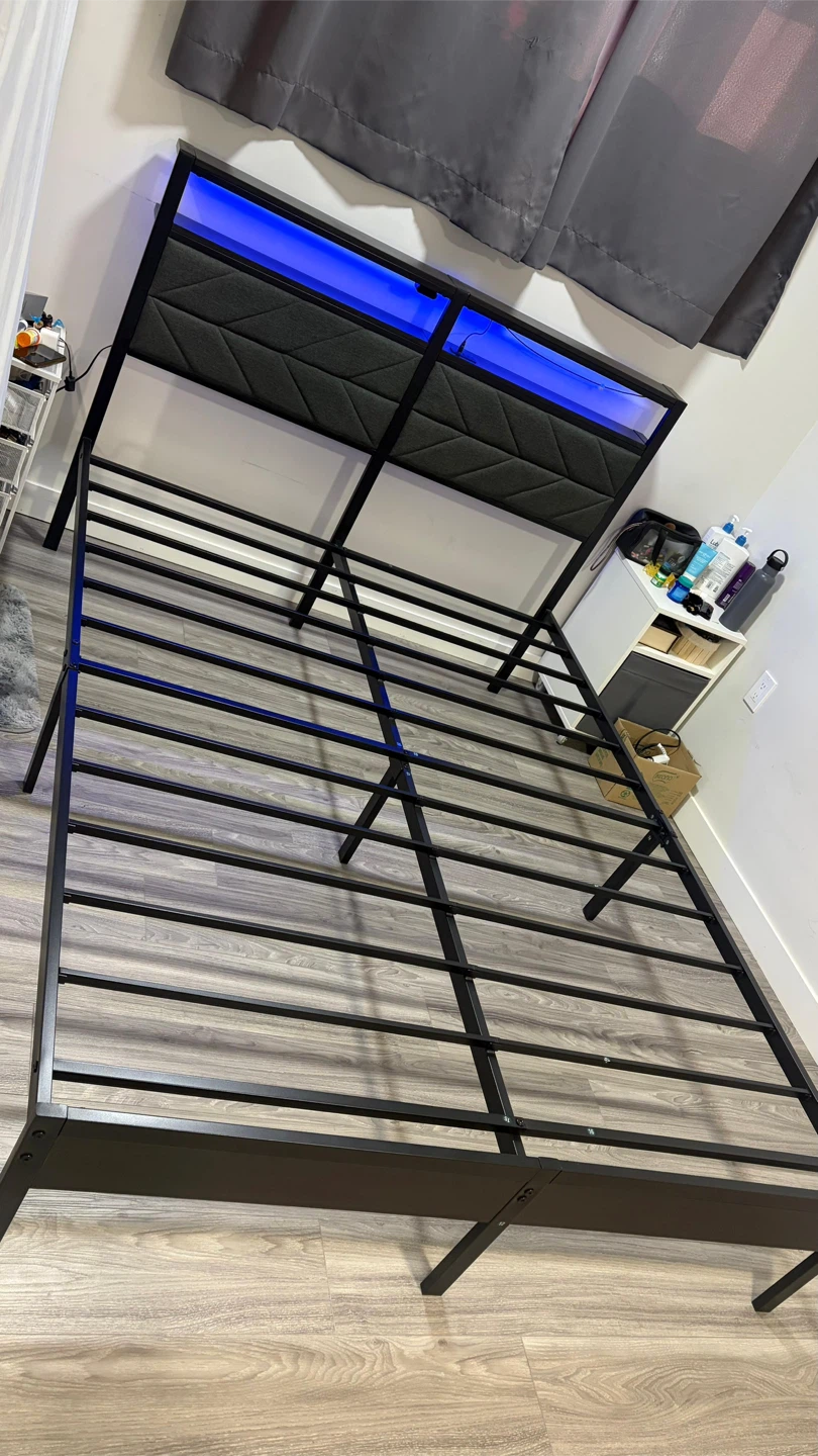Black Metal Bed Frame with Upholstered Headboard and LED Lights - photo 2