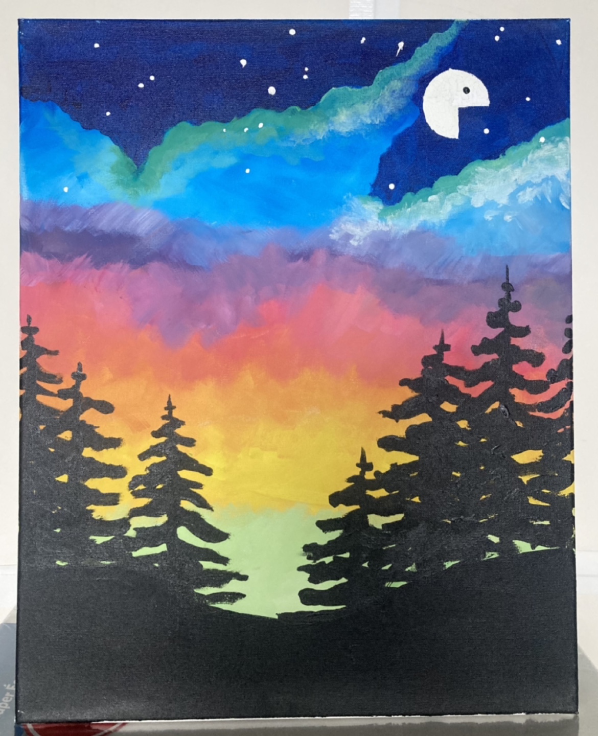 Canvas Painting - Northern Lights, Pac man moon and trees