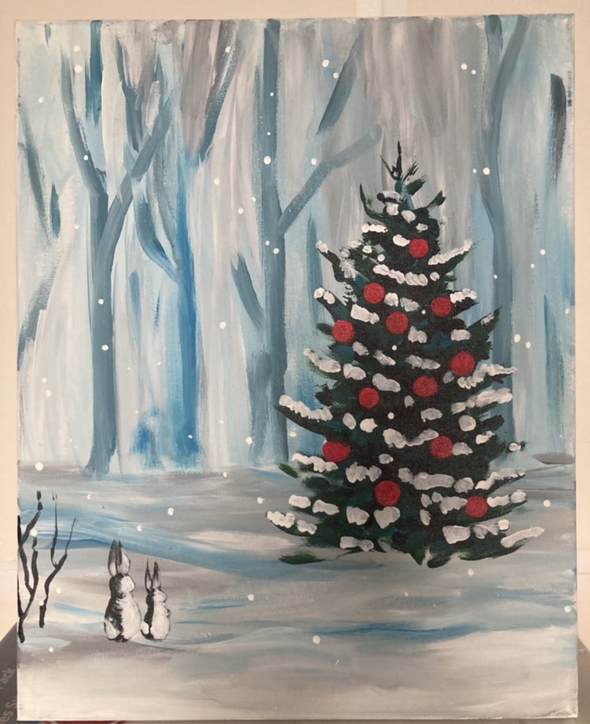 Winter Forest Scene Painting with Christmas Tree and Bunnies