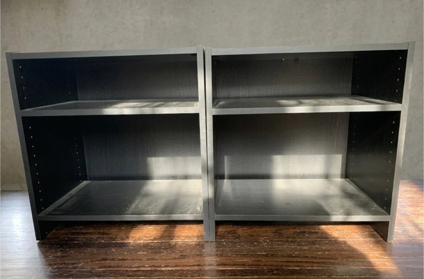 Two Matching Black-Brown Adjustable Shelves/Side Tables