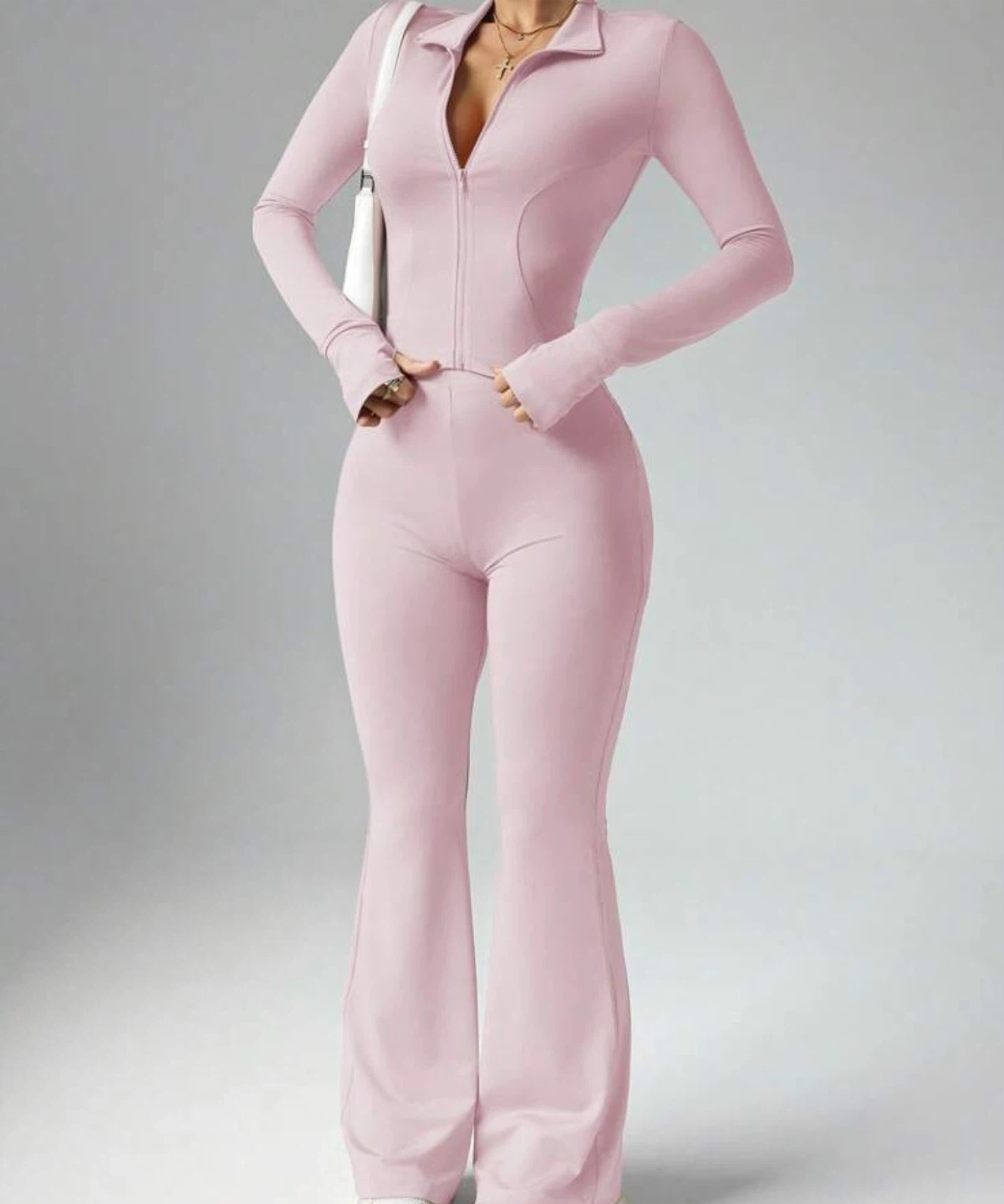 S Pink Athletic Zip-Up Jacket and Flare Pants Set