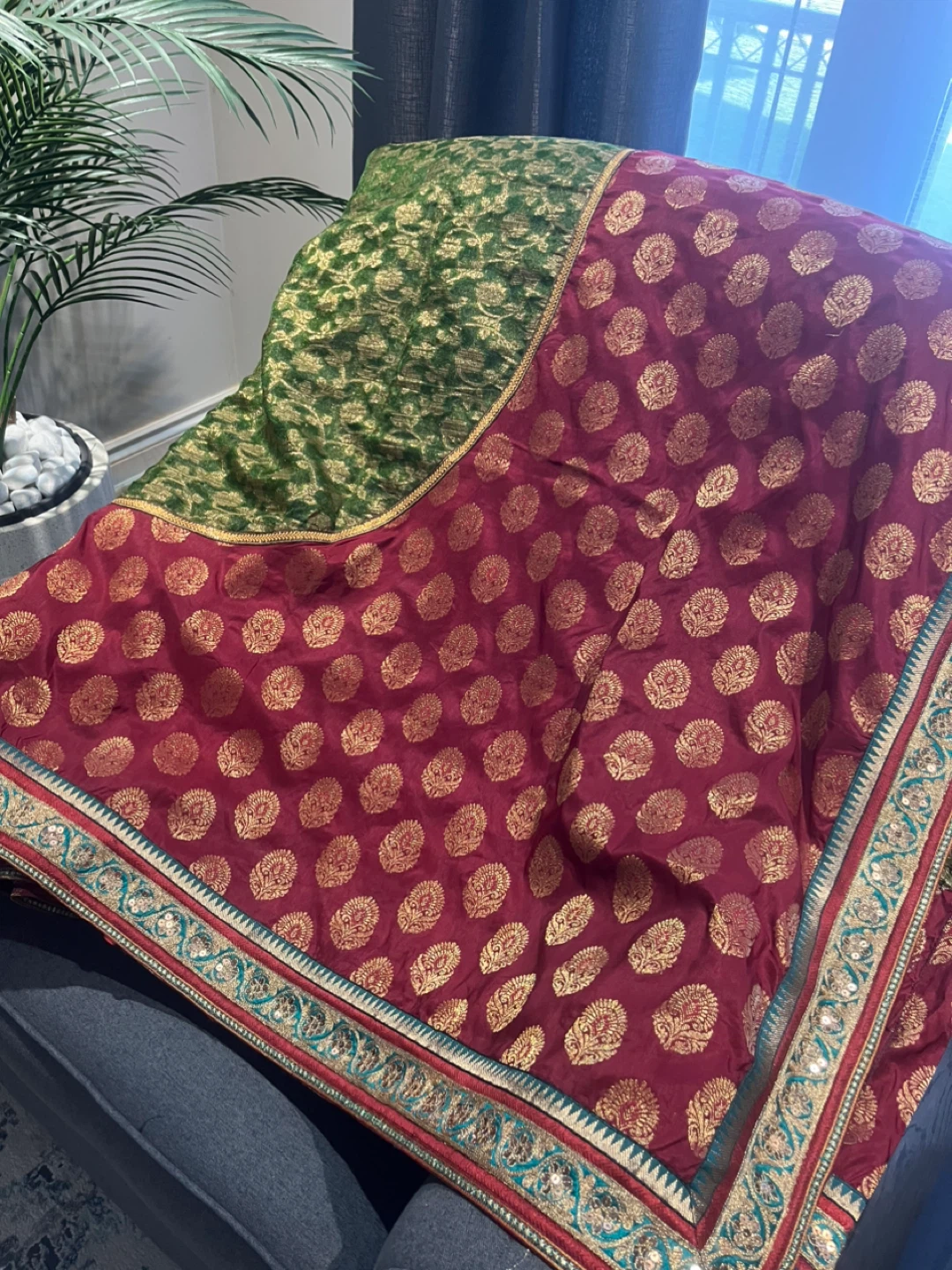 Maroon and Green Saree with Gold Brocade - photo 2