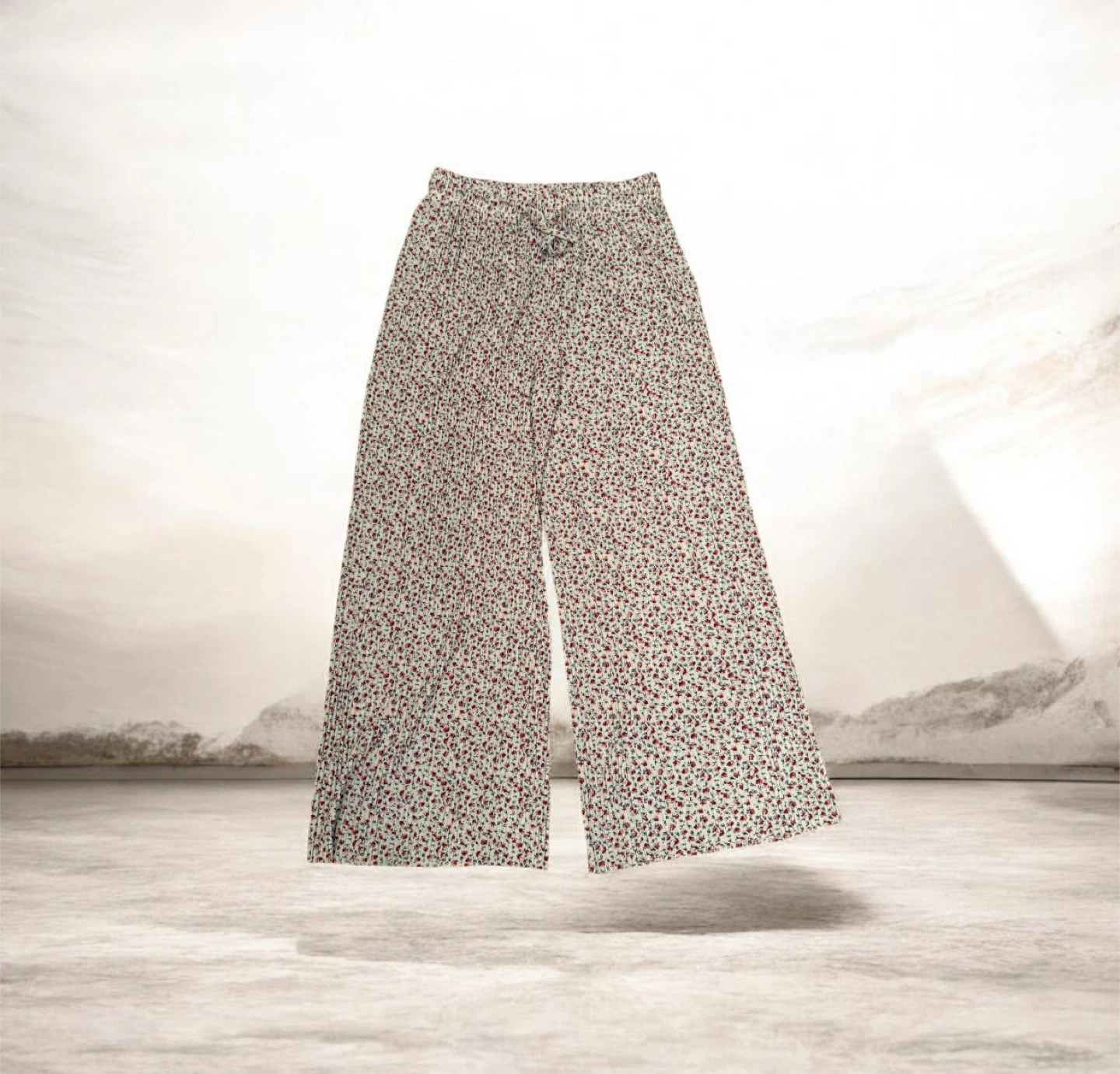 Wide Leg Floral Print Pants - Cream with Red & Blue (L/ XL) - photo 2