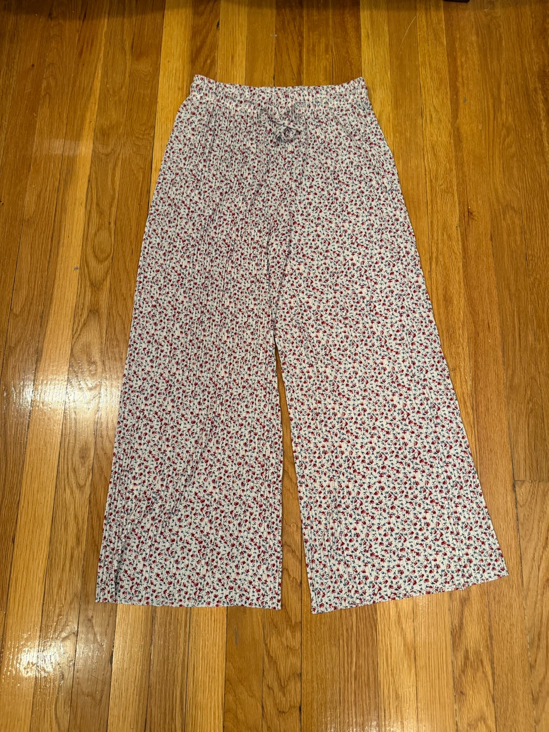 Wide Leg Floral Print Pants - Cream with Red & Blue (L/ XL) - photo 3