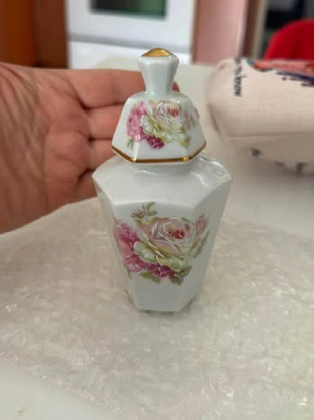 Porcelain Jar with Floral Design & Gold Trim Lid