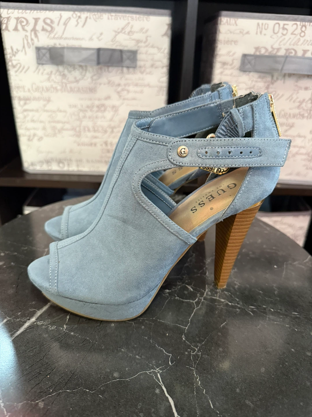 Guess Blue Suede Peep-Toe Ankle Heels - photo 2