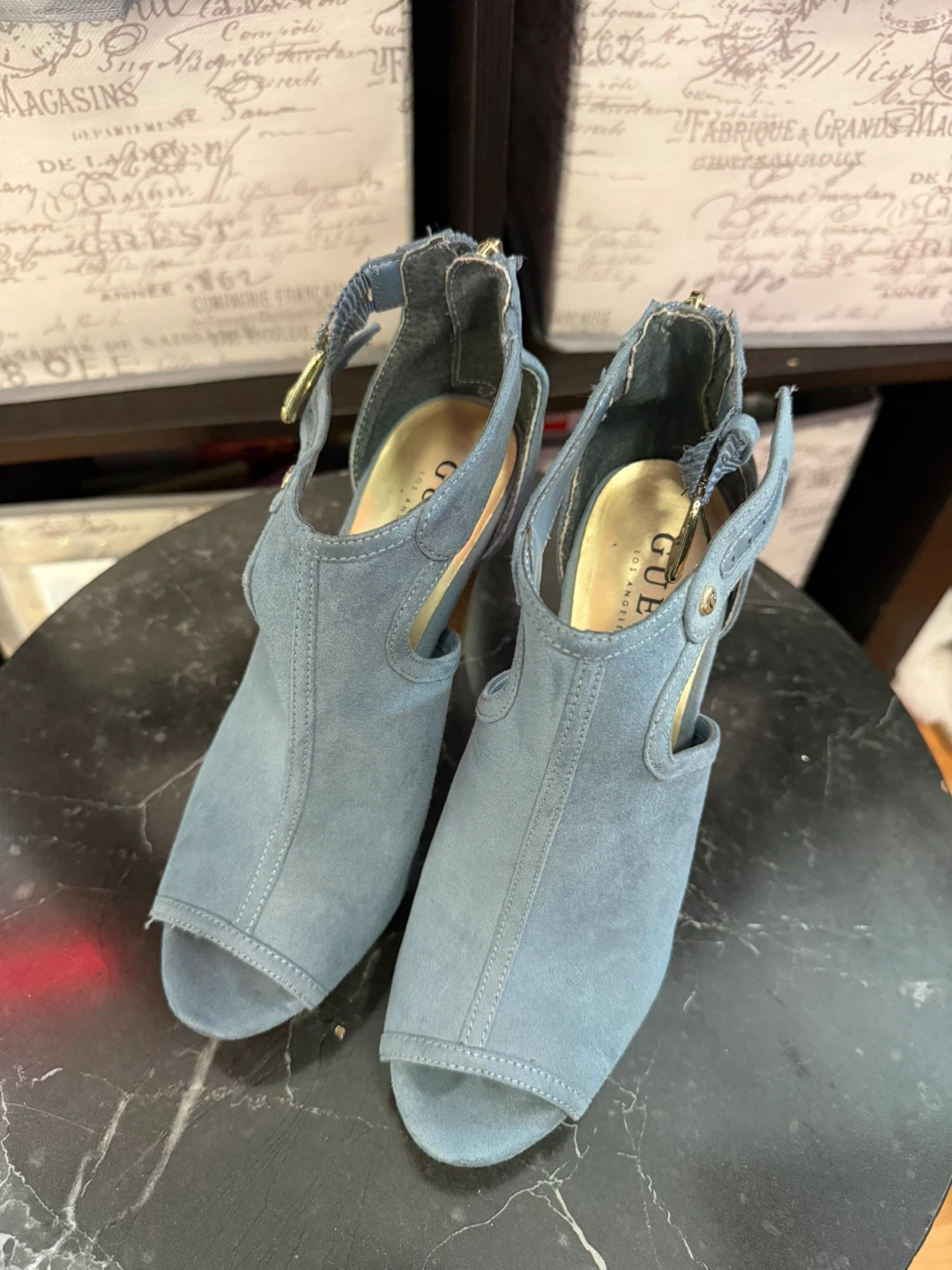 Guess Blue Suede Peep-Toe Ankle Heels