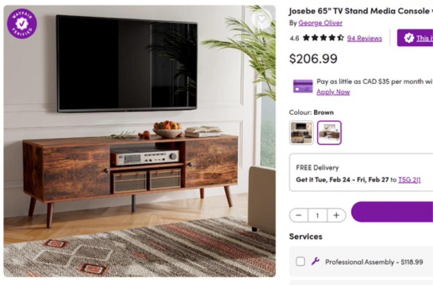 Josebe 65" TV Stand Media Console - Retro Brown - photo 4