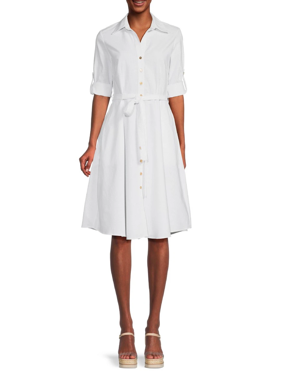 Sharagano White Button-Up Midi Dress with Belt