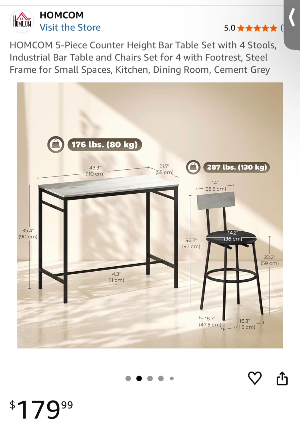 HOMCOM 5-Piece Counter Height Bar Table Set with 4 Stools