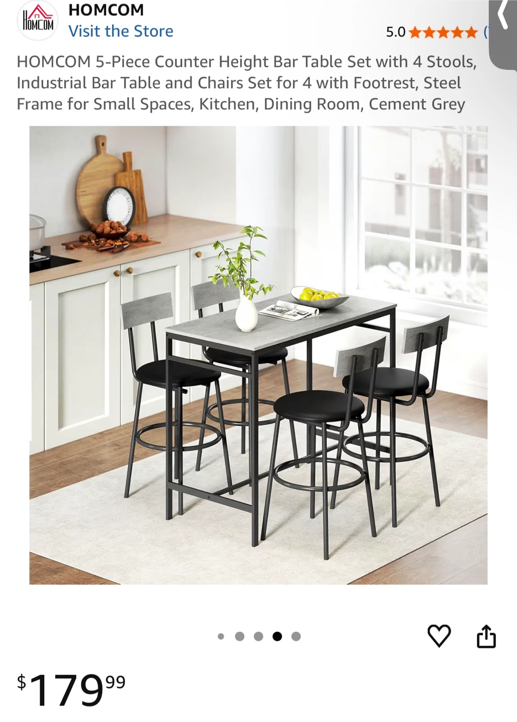 HOMCOM 5-Piece Counter Height Bar Table Set with 4 Stools - photo 2