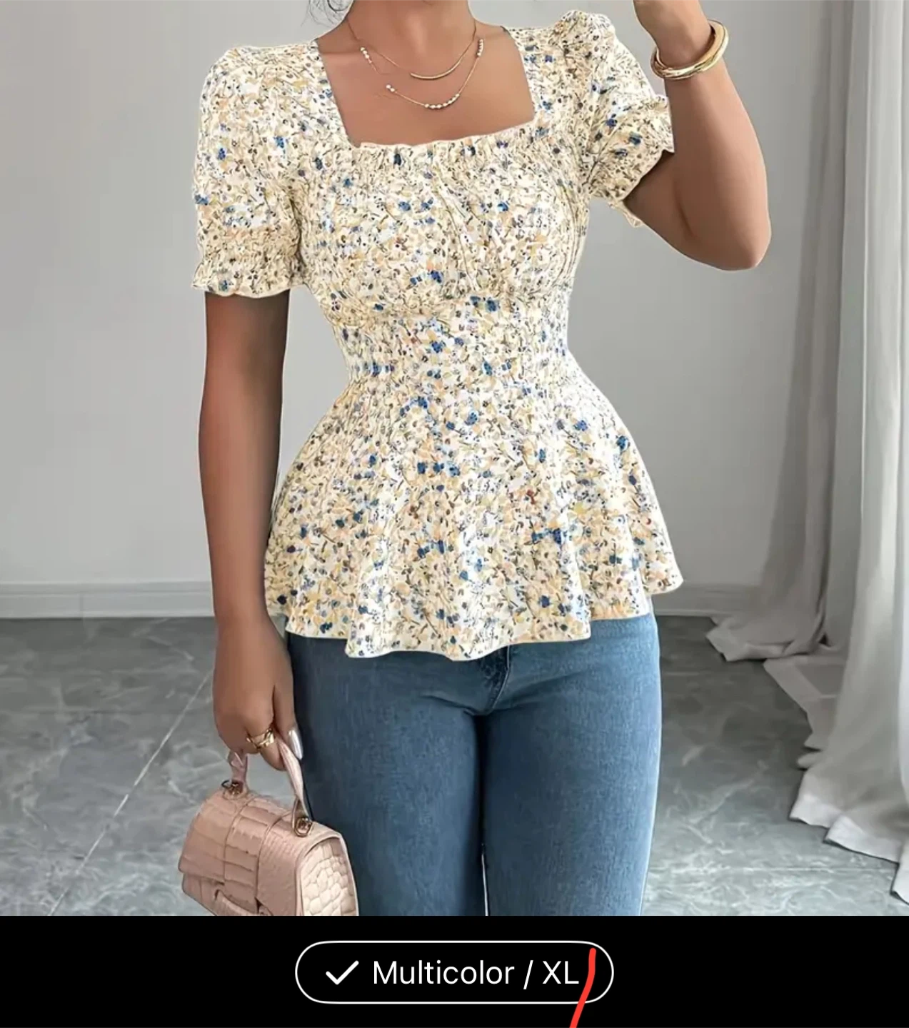 Floral Smocked Waist Peplum Top - Multicolor XL