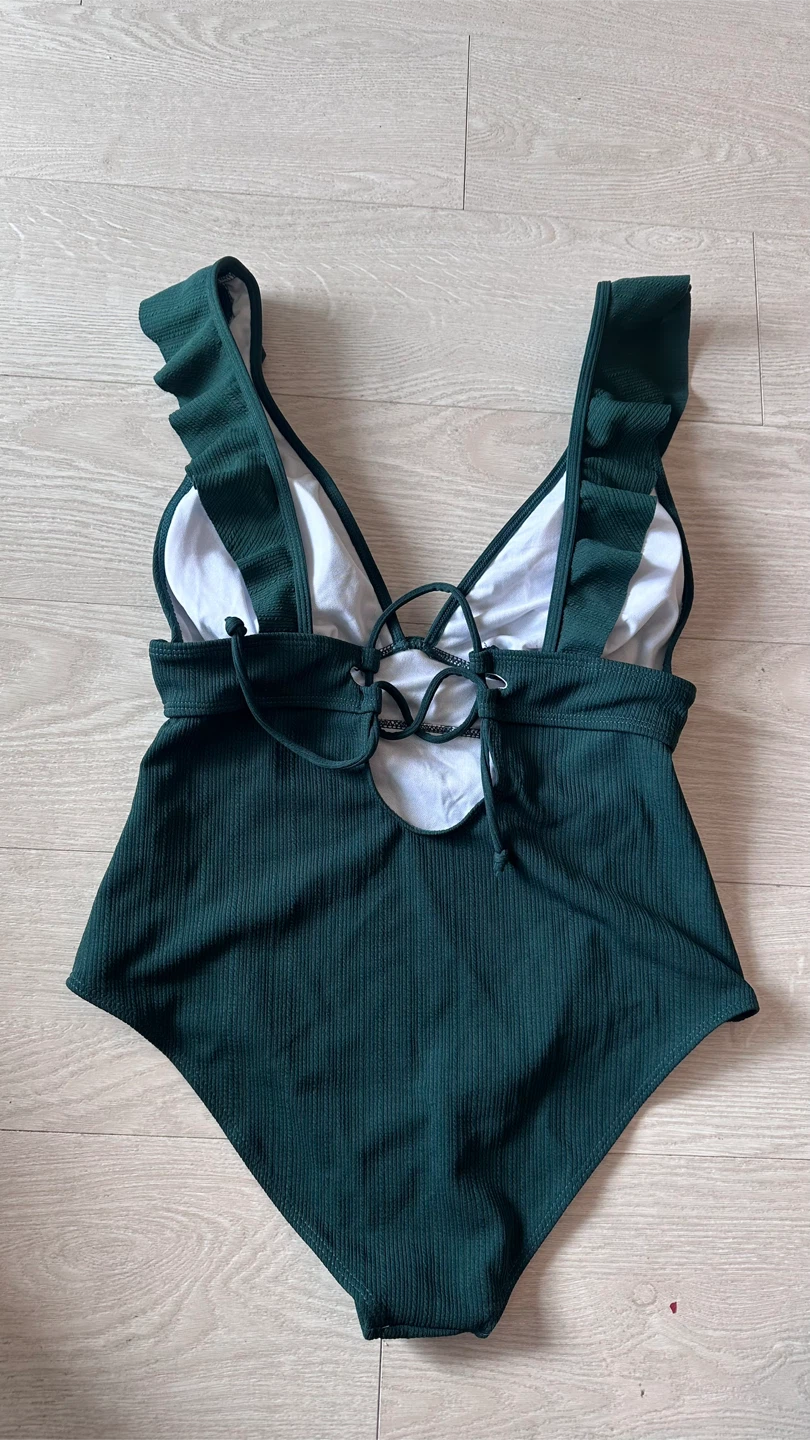 Women's Dark Green Ruffled One-Piece Swimsuit - Size L - New - photo 2
