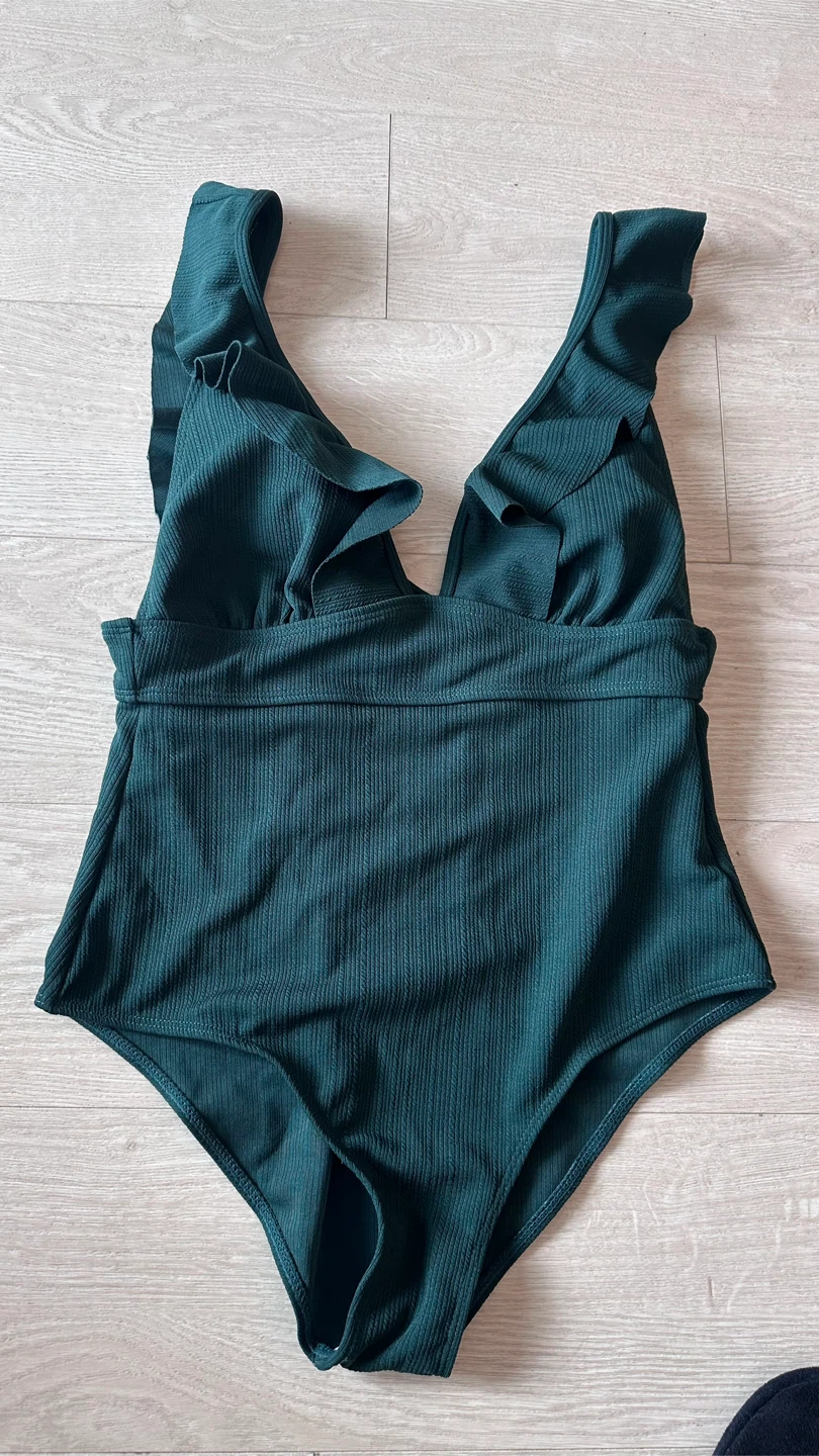 Women's Dark Green Ruffled One-Piece Swimsuit - Size L - New