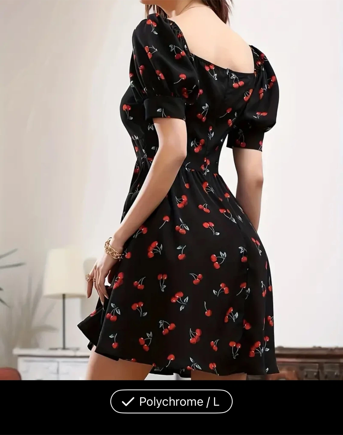 Black Cherry Print Puff Sleeve Dress - Size L - photo 2