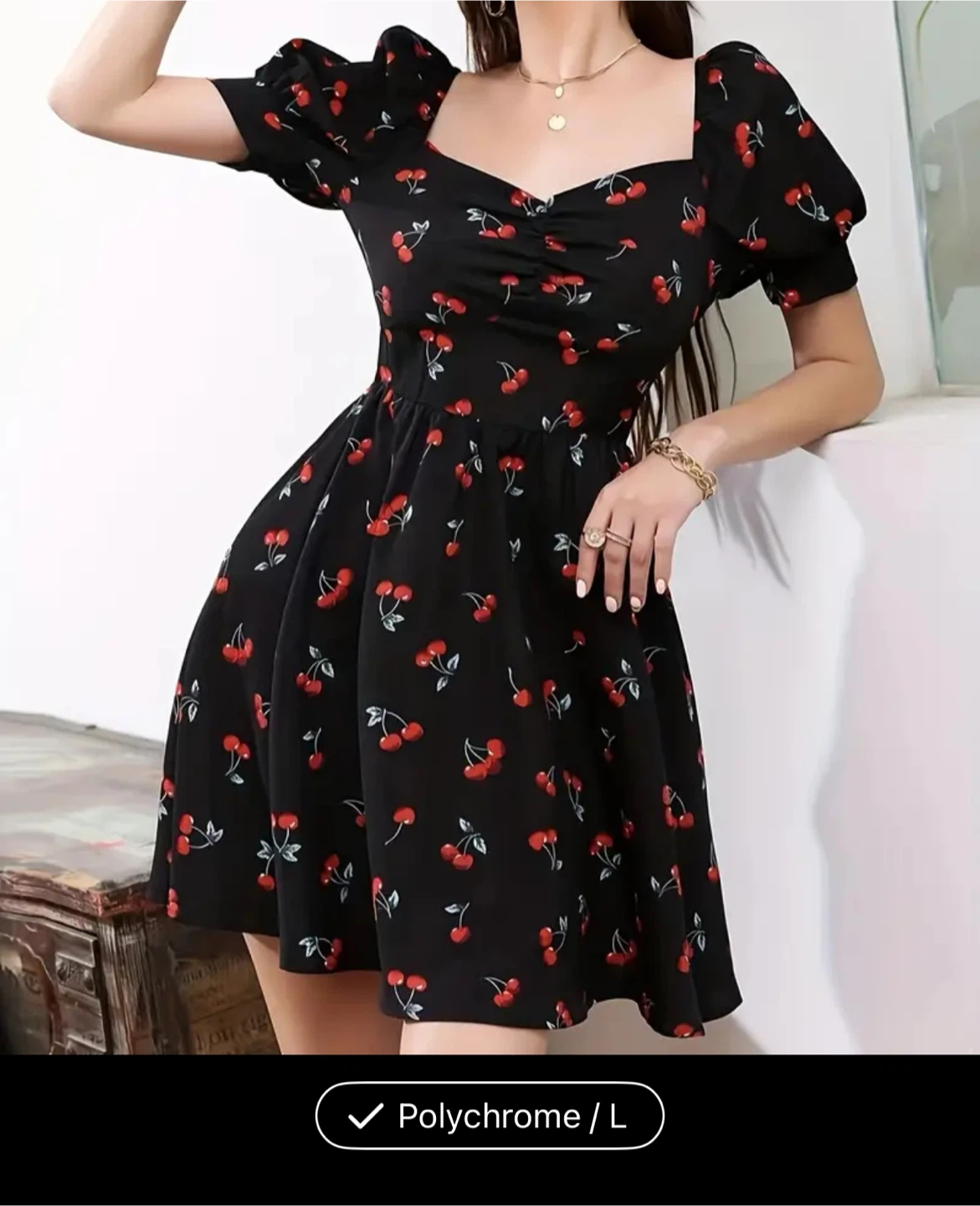 Black Cherry Print Puff Sleeve Dress - Size L